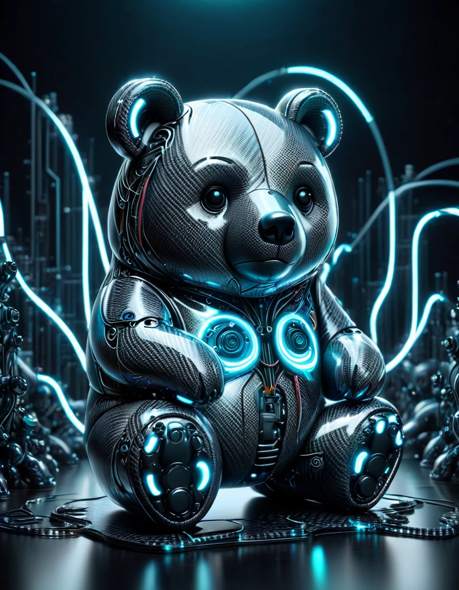cute adorable chibified Mirrored Chrome bioluminescent circuit board cute adorable obese Bear", glowing wires, hyper detailed, beautiful composition, visible details, Meaningful Visual Art, Digital Illustration, Unreal Engine 5, 32k, 3d digital art, sharp focus, masterpiece,, made of ral-carbonfiber <lora:ral-carbonfiber:1> ral-carbonfiber landscape