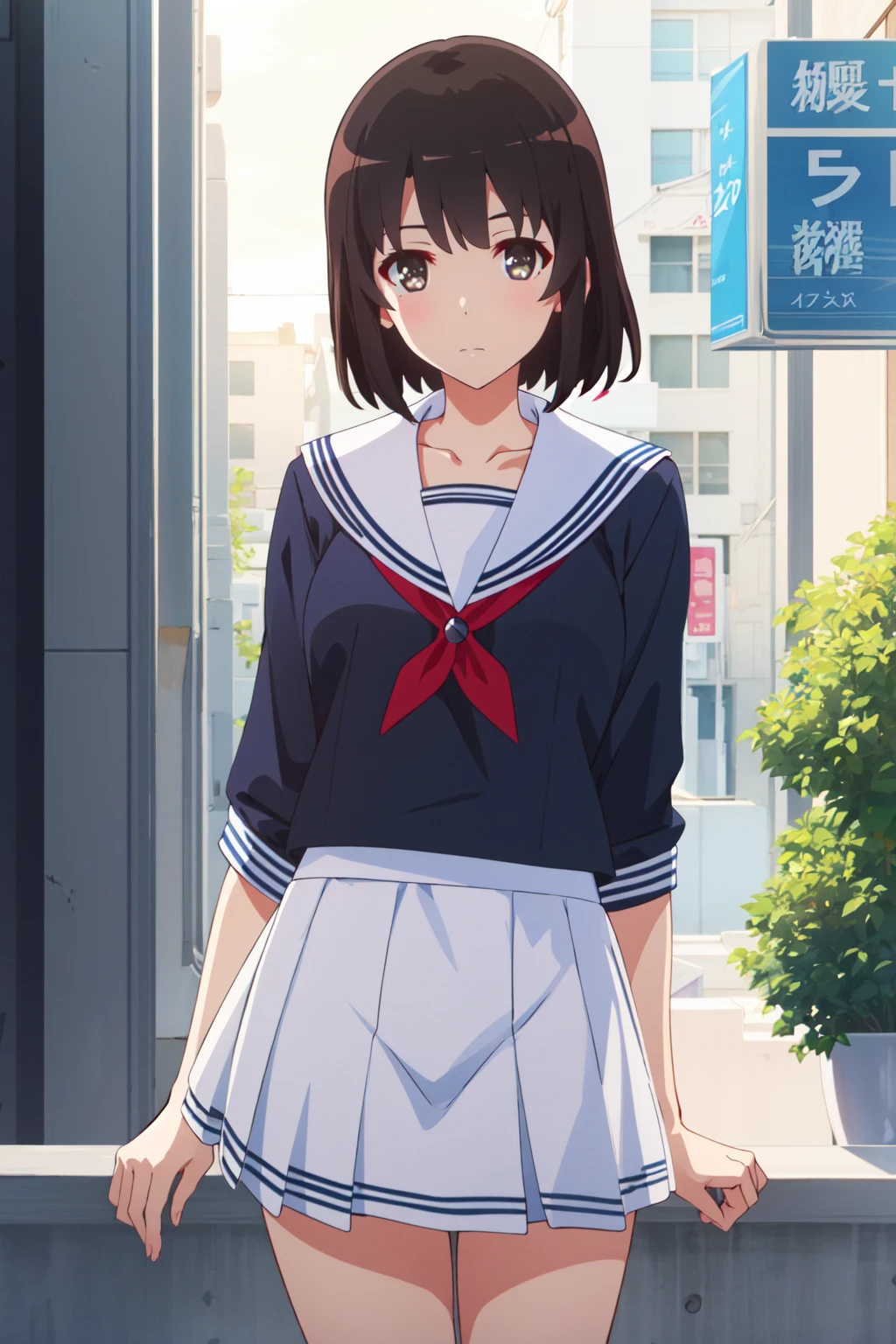 <lora:anime_screencap_v2:0.3> tall body, tall, long legs, mature female, mature, adult, <lora:GoodHands-beta2:1.4>,
<lora:eft_sae_main-02:0.8> eft_saekano_main, 1girl, katou megumi, solo, brown eyes, brown hair, school uniform, bangs, looking at viewer, white sailor collar, short hair, collarbone, closed mouth, serafuku, skirt