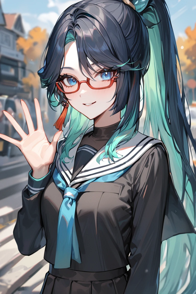 masterpiece, best quality, ultra detailed, BREAK
1girl, solo, female, xianyunexp, blue eyes, multicolored hair, ponytail, hair ornament, glasses, earrings,
school unifrom, serafuku, skirt, , saying hi, waving hand, upper body, light smile, outdoors, looking at viewer, cowboy shot, colorful, vivid, <lora:Xianyun_XL-000008:0.8>