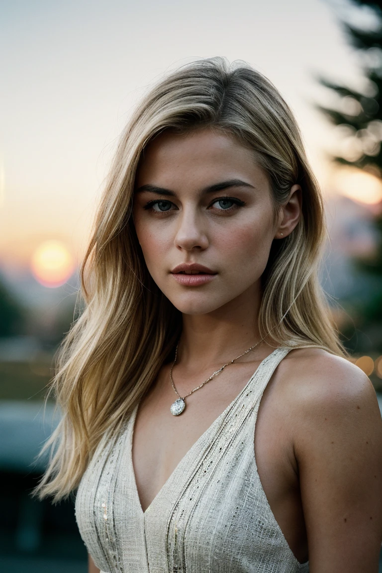 photo of (r4cht4yl0r-135:0.99), a beautiful woman, perfect blonde hair, (modern photo, Milano panda costume:1.1), closeup portrait, 85mm, (analog, cinematic, film grain, hazy atmosphere:1.3), ((outside, grand teton park background, sunset:1.2)), detailed eyes, (seductive), (epicPhoto), (looking at viewer), jewelry, (cinematic shot:1.3)