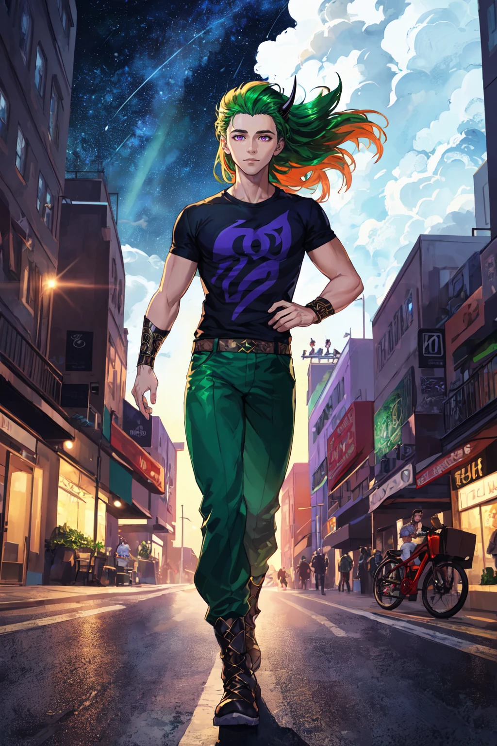 (masterpiece, best quality, ultra-detailed, highres, best illustration), 1boy, solo, (male focus:0.8), transgender male, (masculine:0.7), (norse god loki), two tone hair, red hair, green hair, short hair, heterochromia, purple eyes , side lighting, lustrous skin, (shine), (shiny skin), ray tracing, tshirt, pants, wind swept hair, detailed hair, detailed face, depth_of_field, very detailed background, extreme light and shadow, (detailed eyes), perfect anatomy, Floating, dynamic angle, wide shot, full body, city scape, extreme light and shadow, night sky