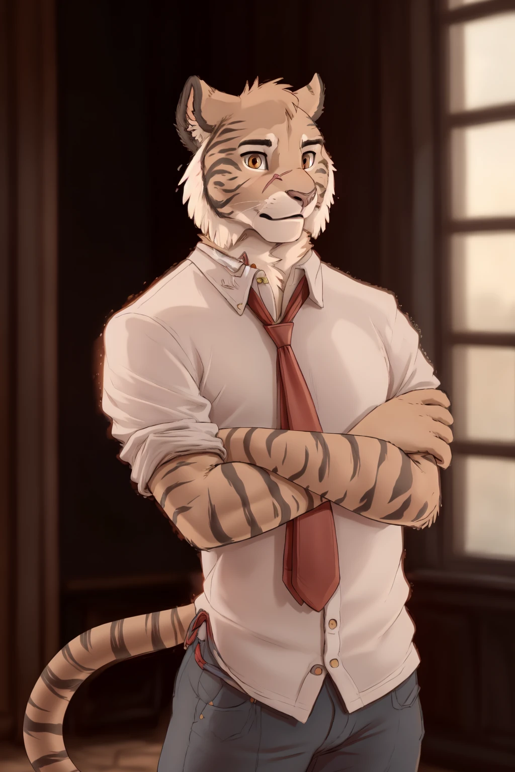 <lora:aiden-09:1>, aiden, orange eyes, tail (posing:1.3), (soft shading), 4k, hi res, ((detailed face, detailed)), (full body), by zackarry911, by zaush, (by personalami:0.5), solo, looking at viewer, shirt, 1boy, closed mouth, upper body, male focus, necktie, collared shirt, crossed arms, red necktie, sleeves rolled up, whiskers, scar,