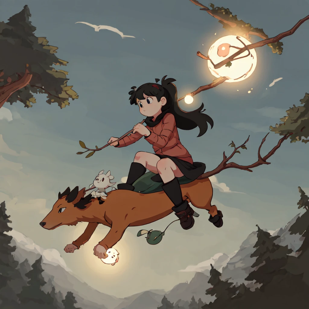 hilda, with twig, riding a woff <lora:Hilda_Meina__1.5_512_36_fixed:1>