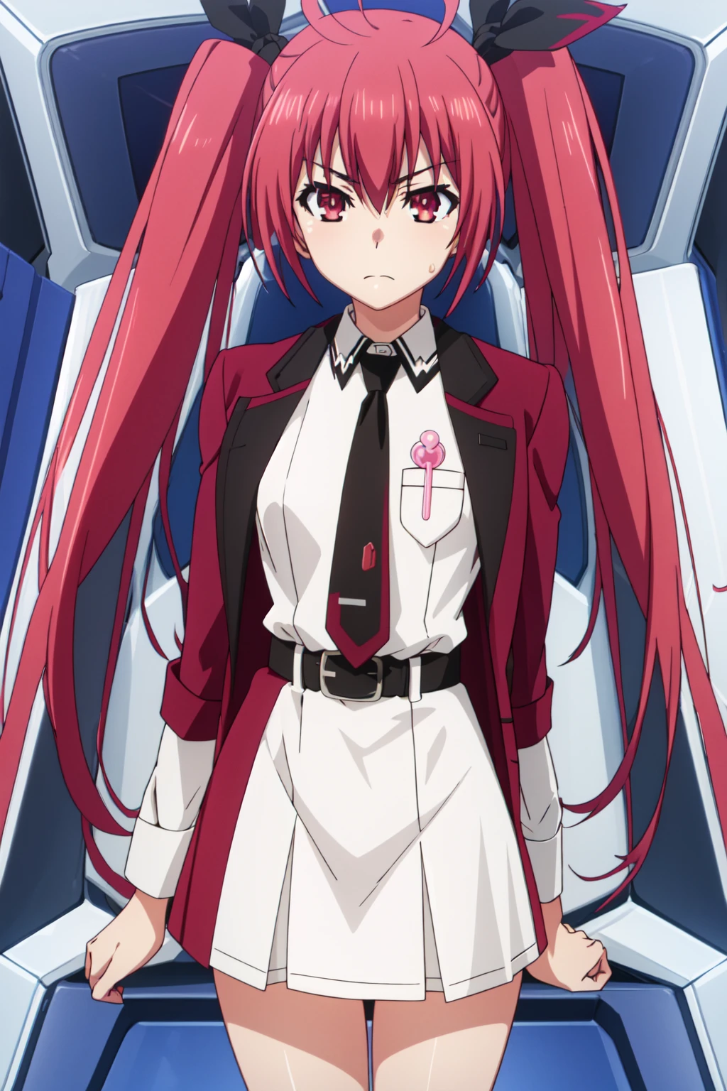 <lora:anime_screencap_v2:0.3> tall body, tall, long legs, mature female, mature, adult, <lora:GoodHands-beta2:1.4>,
<lora:eft_dal_kaori-02:1> , Eft_DAL_Kaori, 1girl, twintails, red hair, red eyes, lollipop, jacket on shoulders, school uniform, long hair, candy, food, crossed arms, necktie, jacket, solo, ahoge, ribbon, hair ribbon