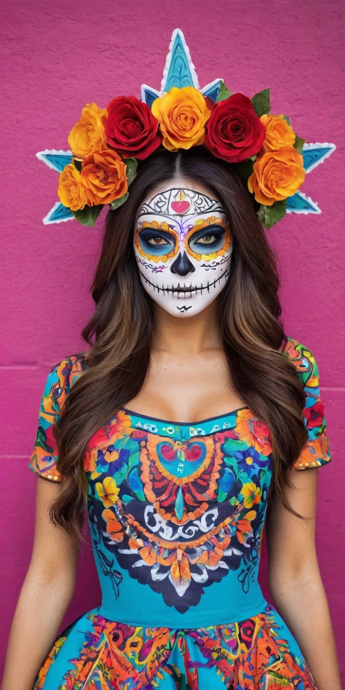 woman in katr1na face paint,catrina crown,mexican talavera dress,<lora:CatrinaMulti_byDevDope.safetensors : 0.5>