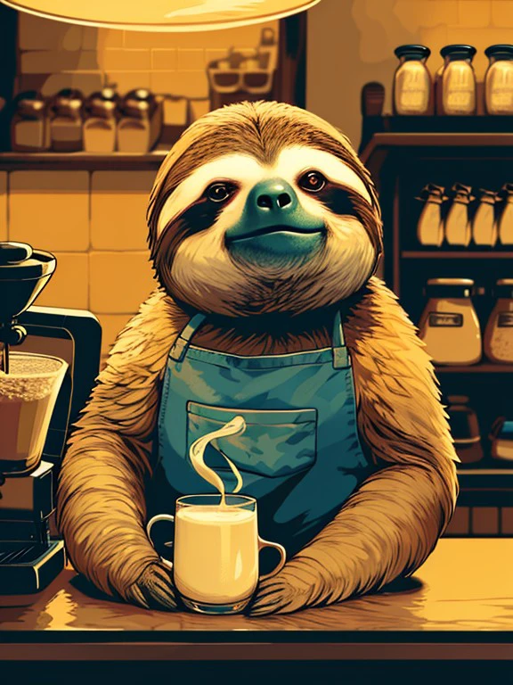 master piece, high quality, A sloth,barista, apron steams milk, J_poster <lora:J_poster:0.8>