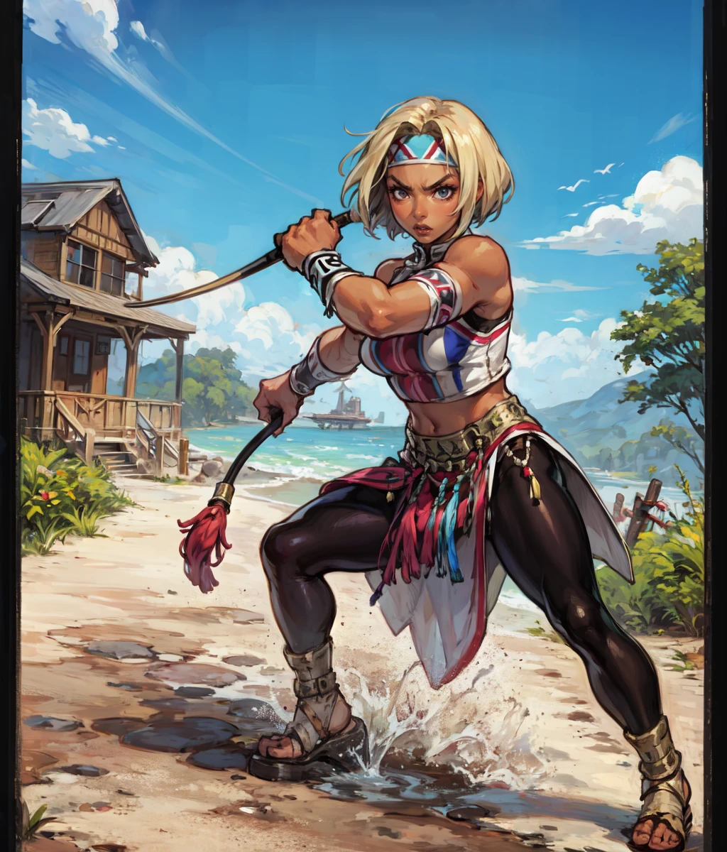 masterpiece, anime screencap, 1 girl, solo, woman, mature, short hair, blonde hair, headband. dark skin, native american costume, leggings, black brown costume, bare arms, wristbands, outdoors, full body, angry, valley, fighting, holding whip, whip, cowboy shot <lora:Lucia:0.8>