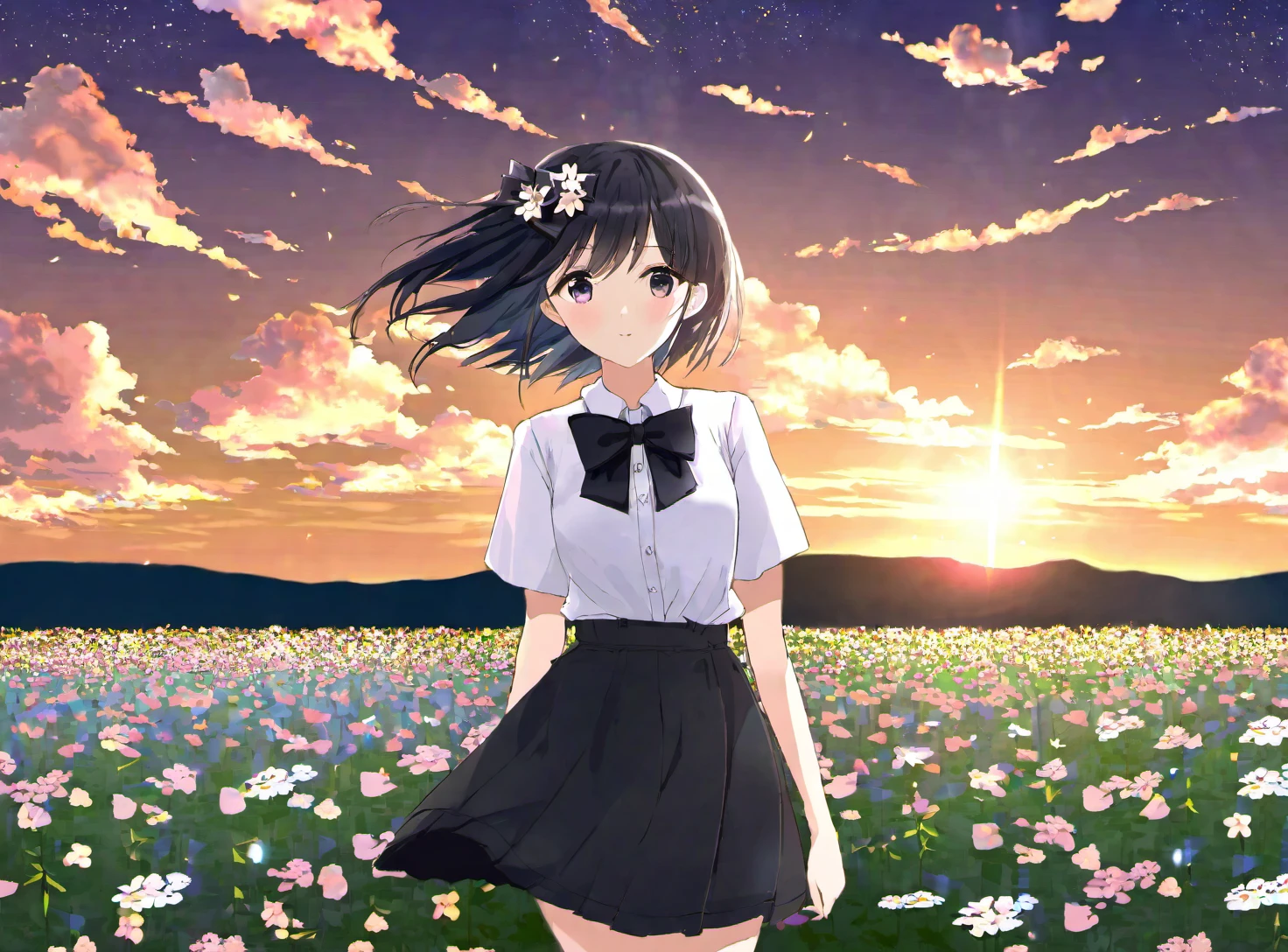 a young woman dressed in a white shirt and a black skirt, standing in a field of flowers. She is wearing a black bow tie and has a flower in her hair. The scene is set during sunset, creating a serene and picturesque atmosphere, masterpiece, best quality, cinematic composition, best lighting, 1girl, flower, solo, field, skirt, flower field, outdoors, black hair, shirt, black skirt, sky, bow, cloud, white shirt, standing, bowtie, black bow, sunset, short hair, looking at viewer, cloudy sky, light particle, petals, sparkle