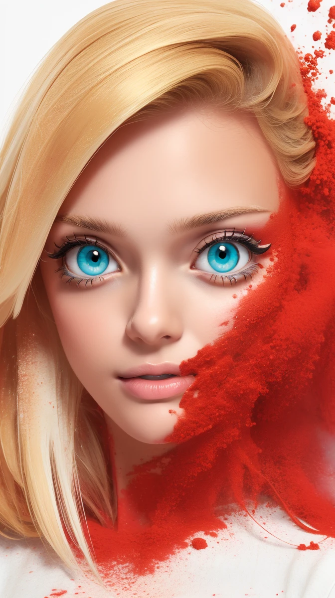 <lora:Sexy-Polish:1> blonde straight hair, aqua eyes, red powder, white powder splashes on background, high quality photography, <lora:powder_v1.0:1>
