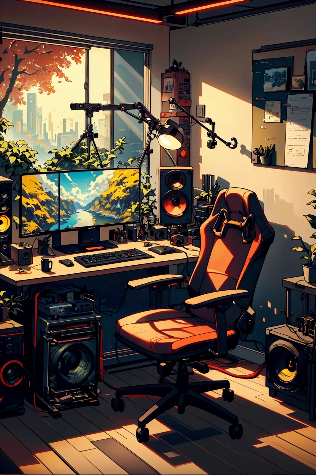 StreamerRoomz, no humans, red and yellow theme, indoors, window, headphones, chair, microphone, desk, computer, monitor, keyboard (computer), office chair, speaker, mouse (computer), movie playing on the computer screen, masterpiece, official art, best quality , studio lighting, absurdres, extremely detailed, 32k UHD, award winning desktop wallpaper, <lora:StreamerRooms:0.8>