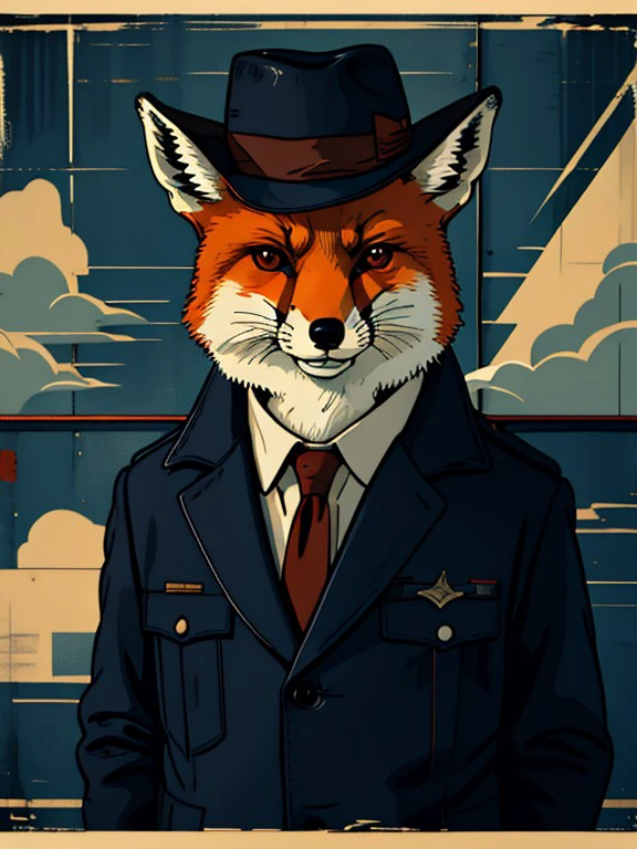 master piece, high quality, A fox, private detective, hat follows a lead, J_poster <lora:J_poster:0.8>