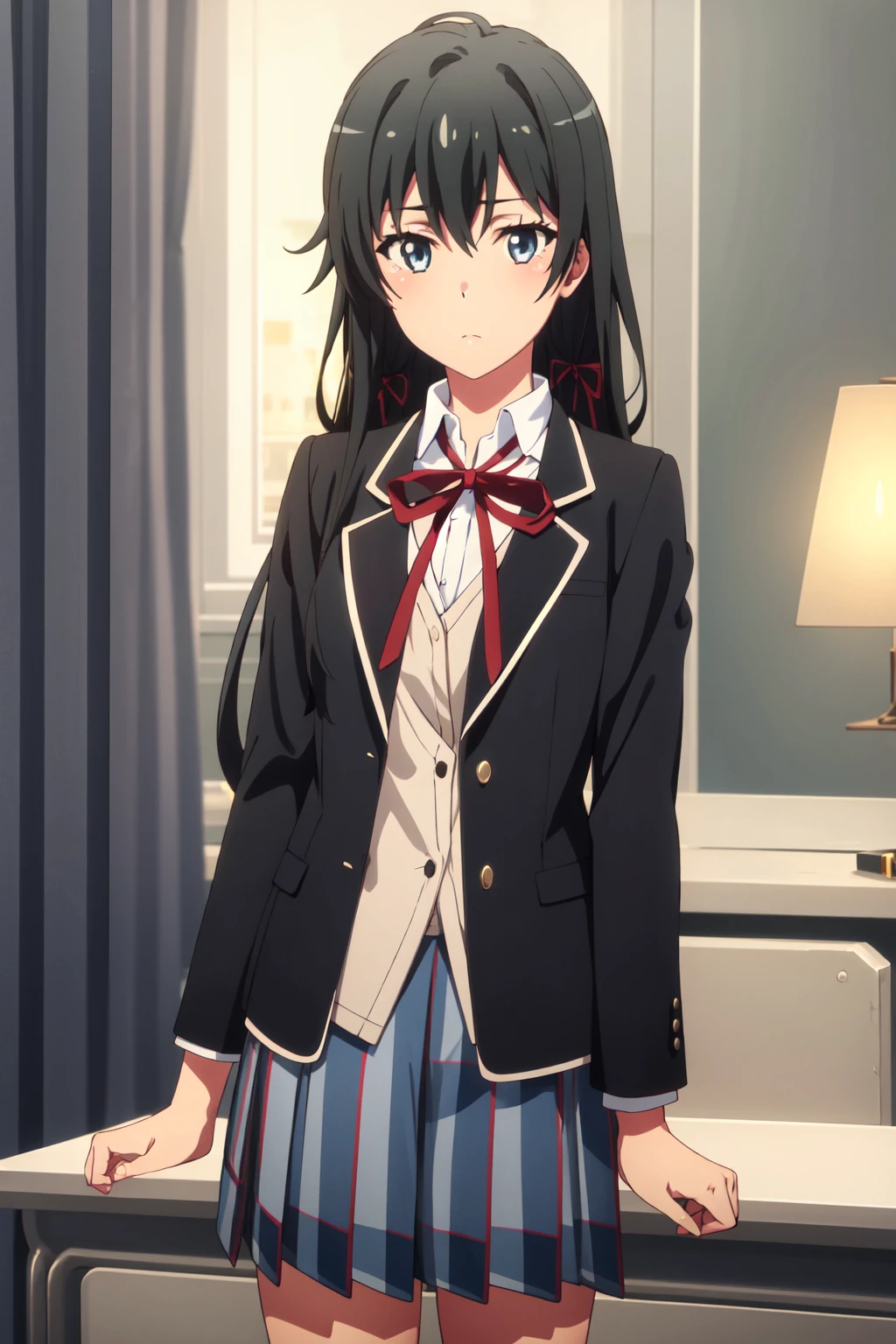 <lora:anime_screencap_v2:0.3> tall body, tall, long legs, mature female, mature, adult, <lora:GoodHands-beta2:1.4>,
<lora:eft_oregairu_yukino-02:0.8> Eft_Oregairu_Yukino, yukinoshita yukino, 1girl, sobu high school uniform, solo, black hair, long hair, school uniform, jacket, black jacket, blue eyes, ribbon, blazer, red ribbon, looking at viewer, hair ribbon, upper body, shirt, white shirt, neck ribbon, indoors, bangs