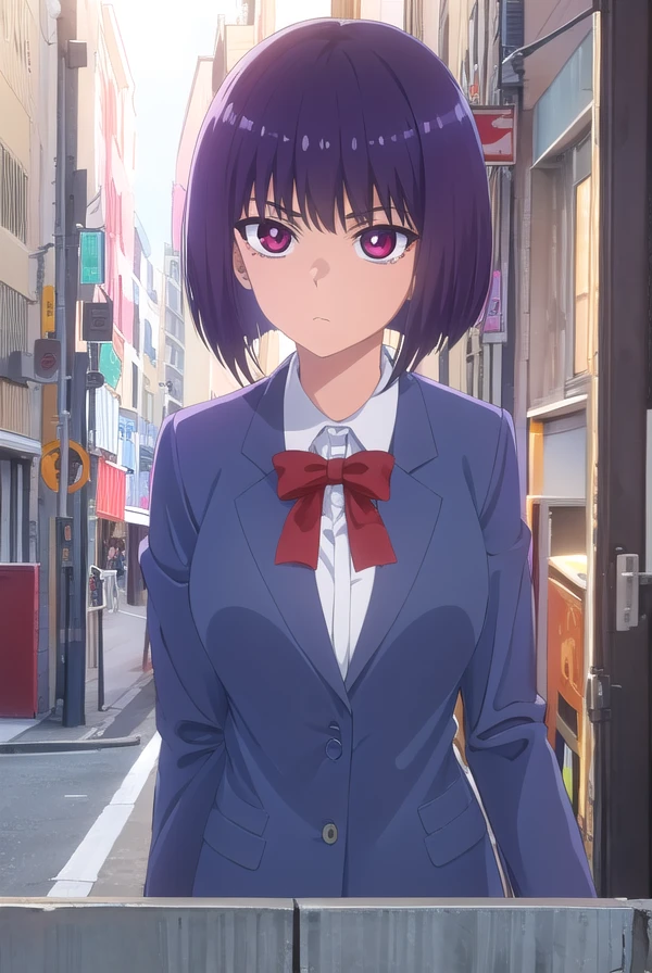 hanasunomiya, <lora:hana sunomiya s2-lora-nochekaiser:1>,
hana sunomiya, short hair, (red eyes:1.3), purple hair, bangs,
BREAK shirt, bow, school uniform, white shirt, collared shirt, bowtie, red bow, red bowtie, blazer, jacket,
BREAK outdoors,
BREAK looking at viewer, (cowboy shot:1.5),
BREAK <lyco:GoodHands-beta2:1>, (masterpiece:1.2), best quality, high resolution, unity 8k wallpaper, (illustration:0.8), (beautiful detailed eyes:1.6), extremely detailed face, perfect lighting, extremely detailed CG, (perfect hands, perfect anatomy),