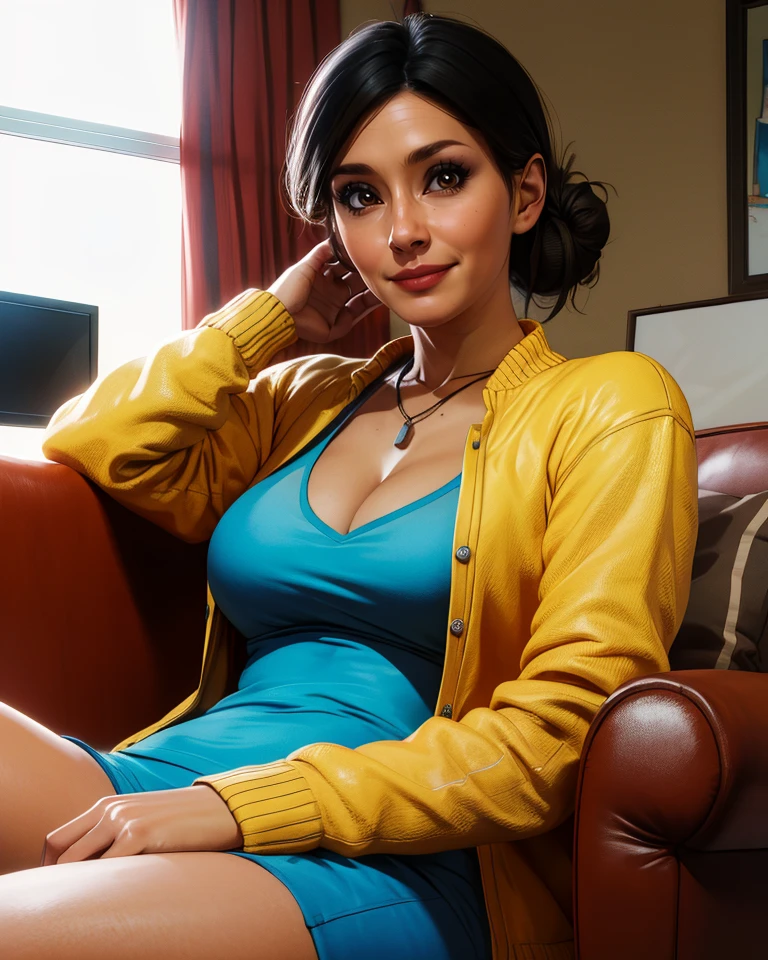 riomorales,brown eyes,black hair,hair bun,
necklace,yellow jacket,white shirt,cleavage,
lounging,
smile,
living room,couch,night,
(insanely detailed, masterpiece, best quality),solo,<lora:riomorales:0.8>,