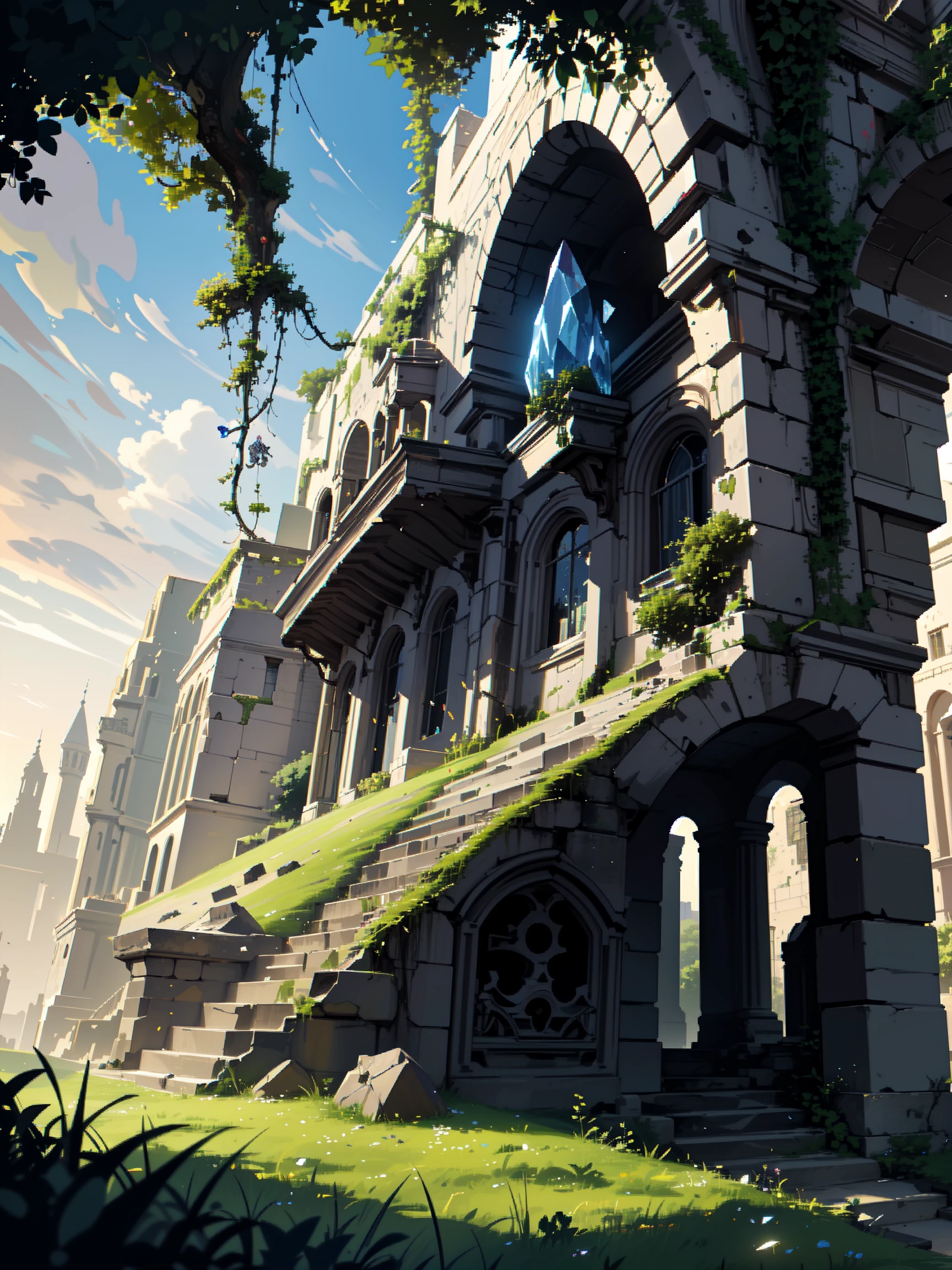 ((extremely detailed illustration)), highres, ((extremely detailed and beautiful background)), (professional illustrasion), (official art), ((Ultra-precise depiction)), ((Ultra-detailed depiction)), (beautiful:1.2 and aesthetic:1.2), beautiful detailed, intricate:1.1, nice hands, An ancient ruined city located inside a large hollowed out tree.,
The city floats in the air, a large crystal shining strongly from the tree.,
The tree has grown large and ivy is growing around its walls.,
The city is also covered with grass, and in some places there are mechanical soldiers who have stopped moving.,
The power of the crystal causes the city to wander through the air like a floating continent.,