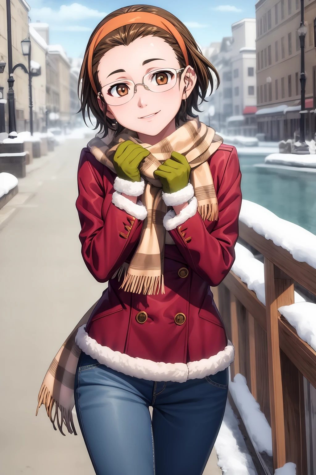 hires, best quality, masterpiece, 1girl, solo, looking at viewer, smile, short hair, brown hair, brown eyes, glasses, hairband, tsugumi_rosenmeier, poses, winter dress, winter fur jacket, long pants, gloves, scarf, winter outdoor