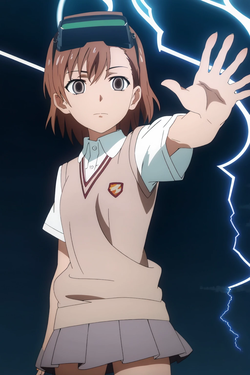 ((best quality)),((highly detailed)),masterpiece,absurdres,detailed face,beautiful face,(detailed eyes, deep eyes),1girl,((dynamic pose)) <lora:Misaka_10032V1:0.8>,<lora:animemix_v3_offset:1>, Misaka_10032, empty eyes, brown hair, solo, head-mounted display, school uniform, tokiwadai school uniform, sweater vest, short hair, cowboy shot, shirt, expressionless, brown sweater vest, white shirt, dark, brown eyes, monochrome, closed mouth, bangs, lightning background, lightning powers