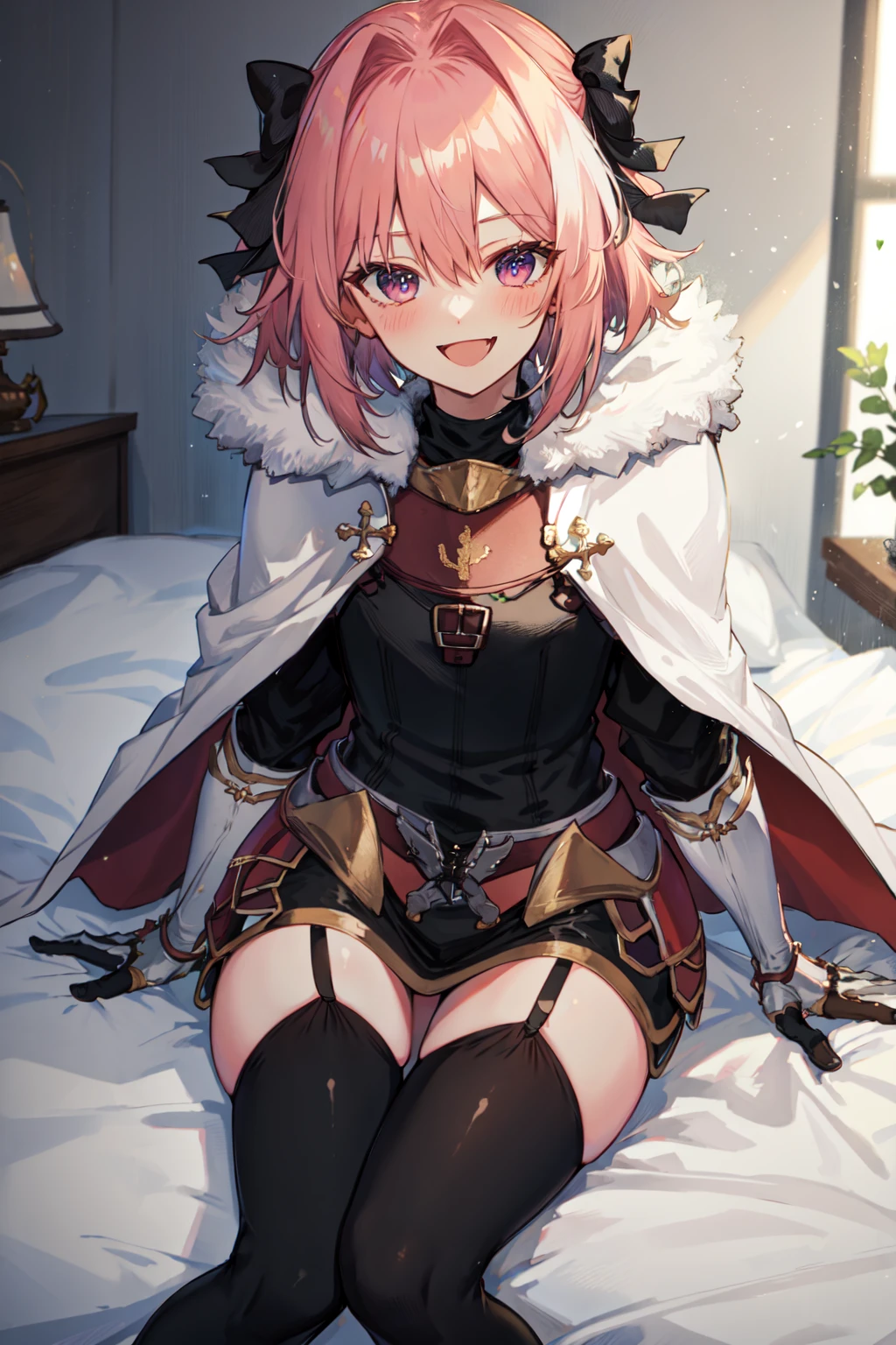 best quality, masterpiece, perfect anatomy, 1boy, <lora:Astolfo_-_Rider:1>, astrider, black polo neck,  fur trim, cape, hair bow, garter straps, gauntlets, black shirt, black thighhighs, armored dress, bedroom background, sitting on bed, (happy, smile, blushing),