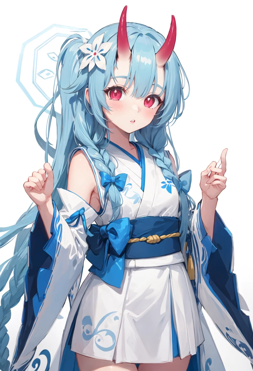best quality, masterpiece, highres, solo, {chise_bluearchive:0.90}, 1girl, blue_bow, detached_sleeves, looking_at_viewer, obi, blush, long_sleeves, parted_lips, simple_background, white_background, white_flower, white_kimono, wide_sleeves, oni, red_horns, sleeveless_kimono, cowboy_shot, hair_between_eyes, hands_up, twin_braids