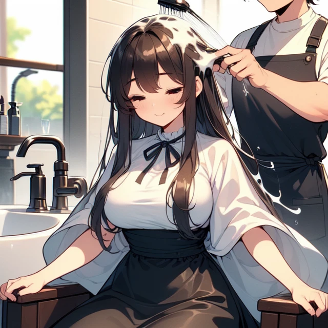 (((masterpiece))), (((best quality))), (((a strong boy))), (((hair salon))), ((lying on ceramics sink)), ((lather on hair)), ((a apron hairstylist stand behind girl)), shower head, lather on hair, shampoo, transparent cover-up, closed eyes, smile, wet hair, blonde wavy hair, ribbon, high neck, big tits, petite figure proportion, <lora:girllikehairsalon:1>
