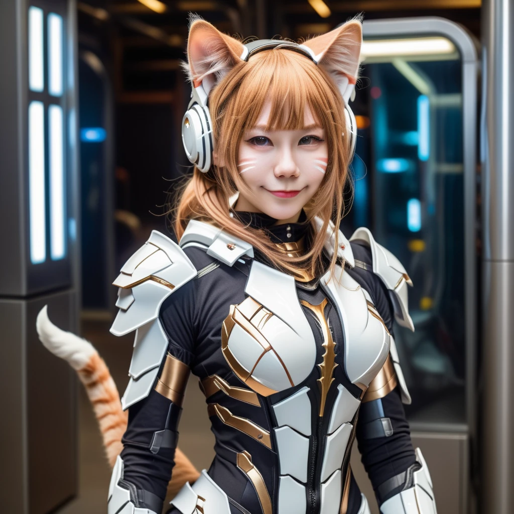 A nekomimi girl, portraying a blend of feline grace and futuristic tech, stands poised in a realistic style. Her appearance melds organic and mechanical elements, featuring high-tech armor that integrates seamlessly with her agile form. The armor is a marvel of engineering, with sleek panels, glowing interfaces, and intricate circuitry patterns. Her cat-like ears and tail are accentuated by the armor's design, while her expressive eyes and subtle smile convey a confident, enigmatic persona. <lora:d7:0.85>