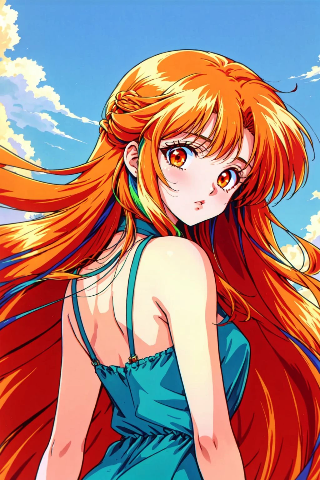 RetroAnime Style, 1girl, solo, long hair, looking at viewer, blonde hair, red eyes, dress, bare shoulders, very long hair, upper body, multicolored hair, sky, sleeveless, day, looking back, orange hair, blue sky, blue background, strap slip, green dress, 1990s , (style), masterpiece, best quality , official art , <lora:RetroAnime:0.8>