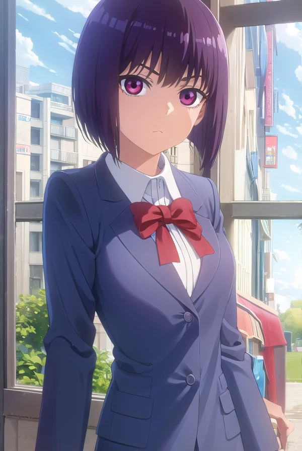 hanasunomiya, <lora:hana sunomiya s2-lora-nochekaiser:1>,
hana sunomiya, short hair, (red eyes:1.3), purple hair, bangs,
BREAK shirt, bow, school uniform, white shirt, collared shirt, bowtie, red bow, red bowtie, blazer, jacket,
BREAK outdoors,
BREAK looking at viewer, (cowboy shot:1.5),
BREAK <lyco:GoodHands-beta2:1>, (masterpiece:1.2), best quality, high resolution, unity 8k wallpaper, (illustration:0.8), (beautiful detailed eyes:1.6), extremely detailed face, perfect lighting, extremely detailed CG, (perfect hands, perfect anatomy),