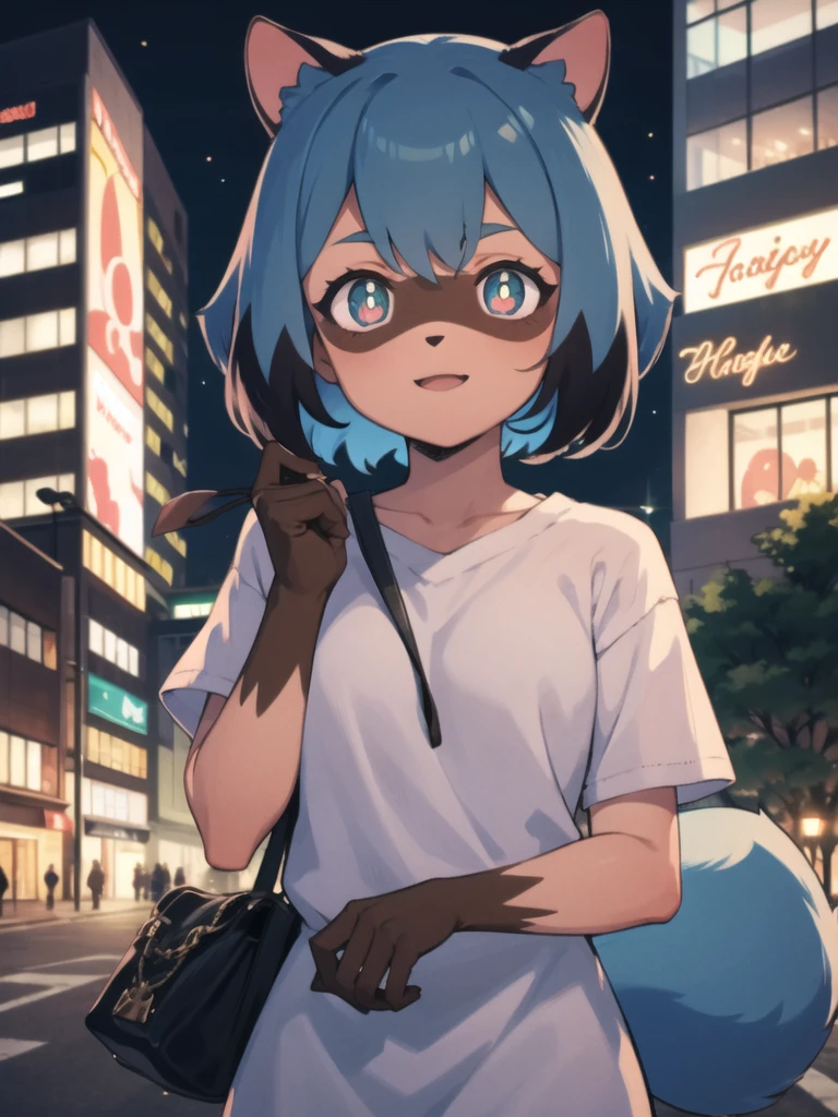 1 girl, raccoon girl, solo, furry,furry female, michiru_kagemori, blue hair,short hair, multicolored eyes, animal nose,triangle shaped nose, animal ears, (tail), [bushy tail], two tone skin, brown colored hands,(high quality, masterpiece, best quality), happy, looking at viewer, city, night, detailed eyes, eye focus <lora:MichiruV2:0.9>
