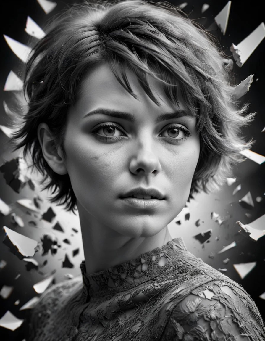 masterpiece, best quality, HDR, (monochrome:1.05) portrait of a woman, face shot, short hair, BREAK, (vivid polychromatic kaleidoscopic background),, made of ral-vlntxplzn <lora:ral-vlntxplzn-sdxl:1>