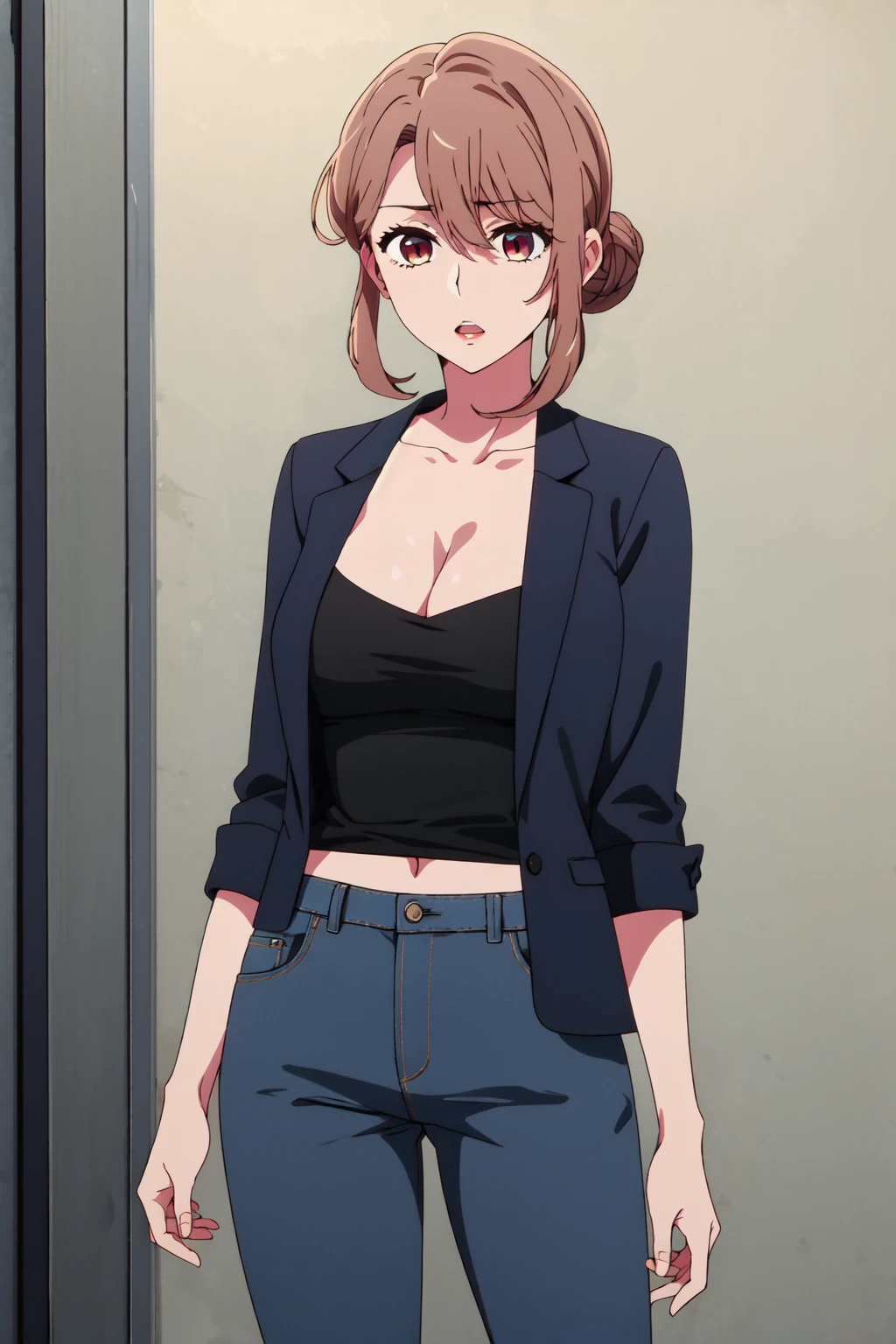 <lora:anime_screencap_v2:0.3> tall body, tall, long legs, mature female, mature, adult, <lora:GoodHands-beta2:1.4>,
 <lora:eft_oshi_step:0.8> , eft_oshi_step, 1girl, solo, pants, brown hair, shirt, collarbone, single hair bun, hair bun, bangs, black shirt, brown eyes, open mouth, breasts, aged up, hair between eyes, short hair, parted lips, jacket, cowboy shot, looking down, standing, denim, cleavage, jeans, open clothes