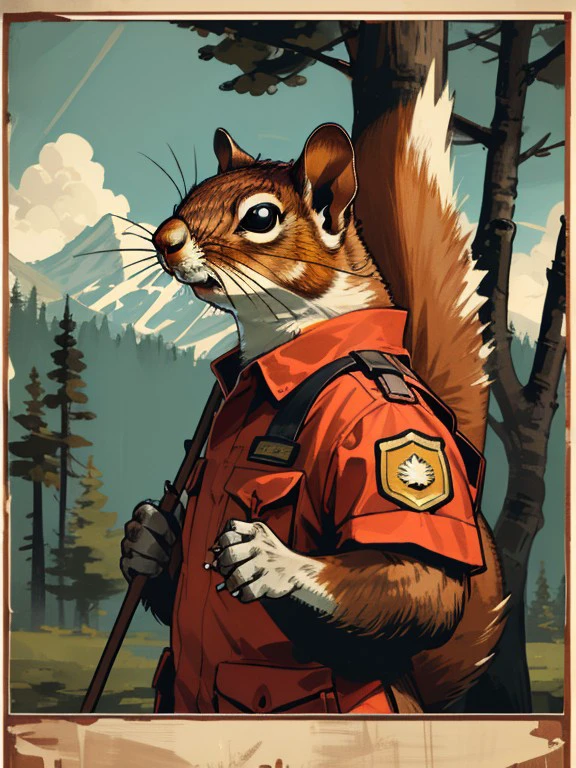 master piece, high quality, A squirrel, park ranger,  J_poster <lora:J_poster:0.8>