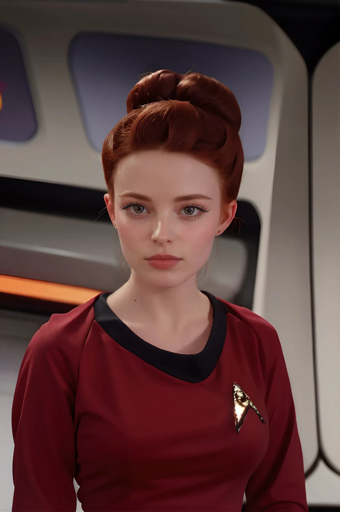 high quality photo of  <lora:Ellie_Littlechild:1.2> ellie_littlechild
ginger hair, hair bun, red lipstick, pale,
<lora:TOSV3:1> startrektos red uniform