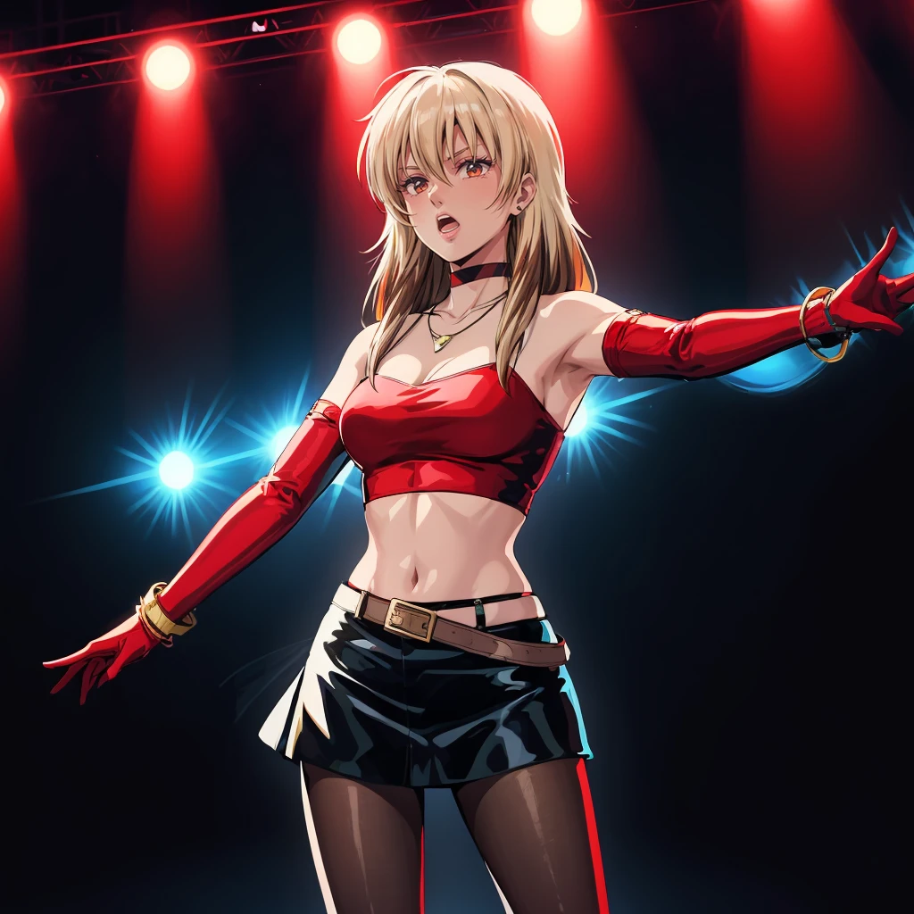 <lora:Priss001:0.5>,<lora:add_detail>,<lora:noline:0.1>,<lora:boldline:-0.1>,
Priss,1girl,multicolored hair,blonde hair,brown hair,longhair,
choker,
necklace,red crop top,
elbow gloves,
red gloves,
bracelet,belt,(black short skirt:1.2),pantyhose,
(singing:1.3),holding microphone,microphone,
outstretched_arm,