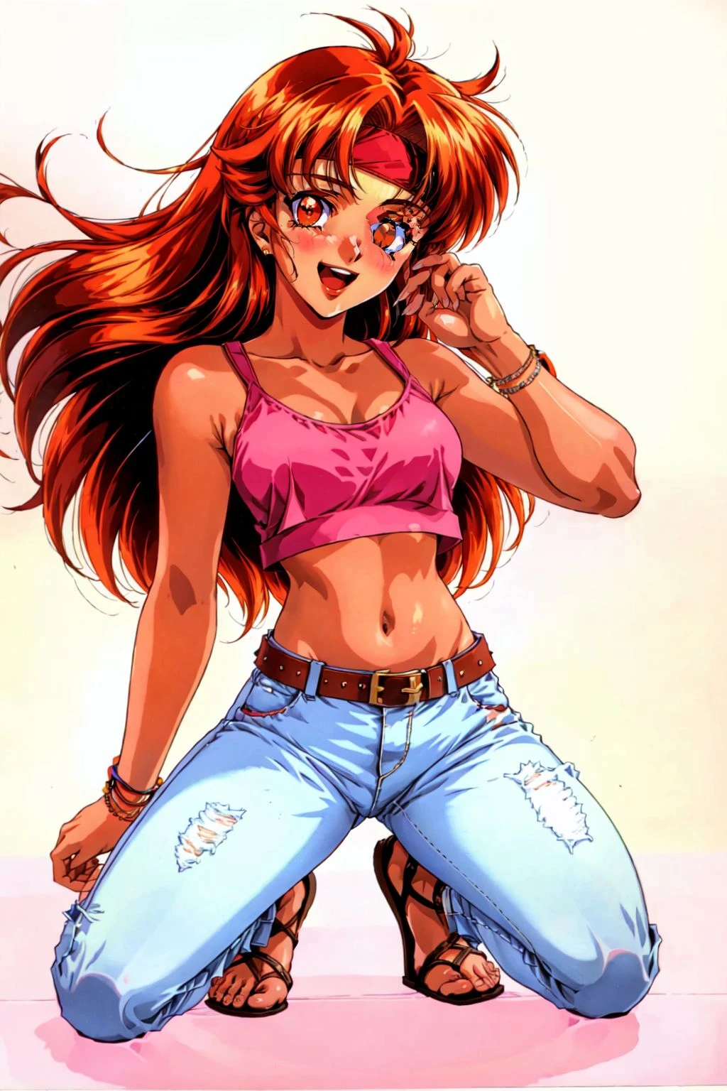 RetroAnime Style, 1girl, solo, long hair, looking at viewer, blush, smile, open mouth, red eyes, navel, red hair, midriff, belt, pants, orange hair, crop top, kneeling, v, headband, sandals, tank top, denim, casual, strap slip, camisole, jeans, white pants, double v, retro artstyle, 1990s (style), masterpiece, best quality , official art , <lora:RetroAnime:1>