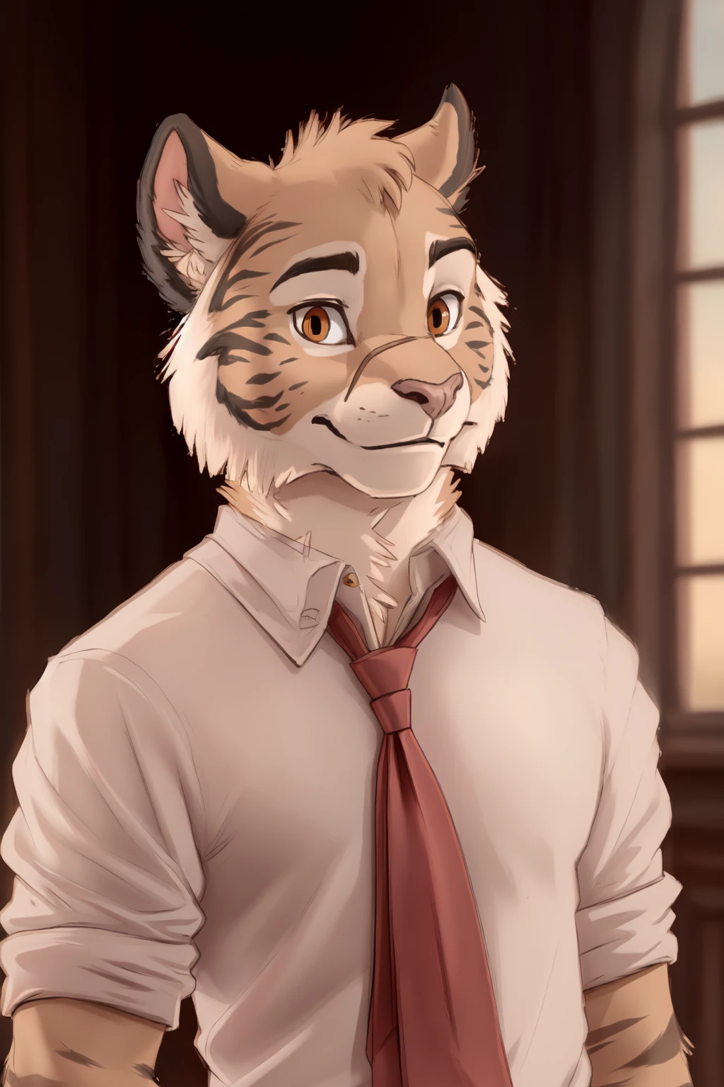 <lora:aiden-09:1>, aiden, orange eyes, tail, (posing:1.3), (soft shading), 4k, hi res, ((detailed face, detailed)), (full body), by zackarry911, by zaush, (by personalami:0.5), solo, looking at viewer, smile, shirt, 1boy, male focus, necktie, collared shirt, red necktie, pink shirt, portrait, face focus, close up,