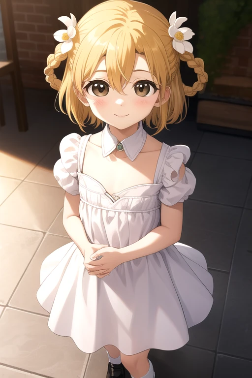 ((masterpiece)),(best quality),official art,extremely detailed CG,unity 8k wallpaper,ultra detailed,beautiful detailed eyes,extremely detailed face,1girl,solo,cowboy shot,looking at viewer,facing viewer,smile,(child:1.4),(aged down:1.2),rose fryberg,short hair,two side up,blonde hair,brown hair,hair flower,white flower,hair ornament,hair rings,braid,sidelocks,hair between eyes,bangs,brown eyes,detached collar,collarbone,chest jewel,puffy short sleeves,white dress,small breasts,white socks,black footwear,<lora:Rose Fryberg(vp)>,