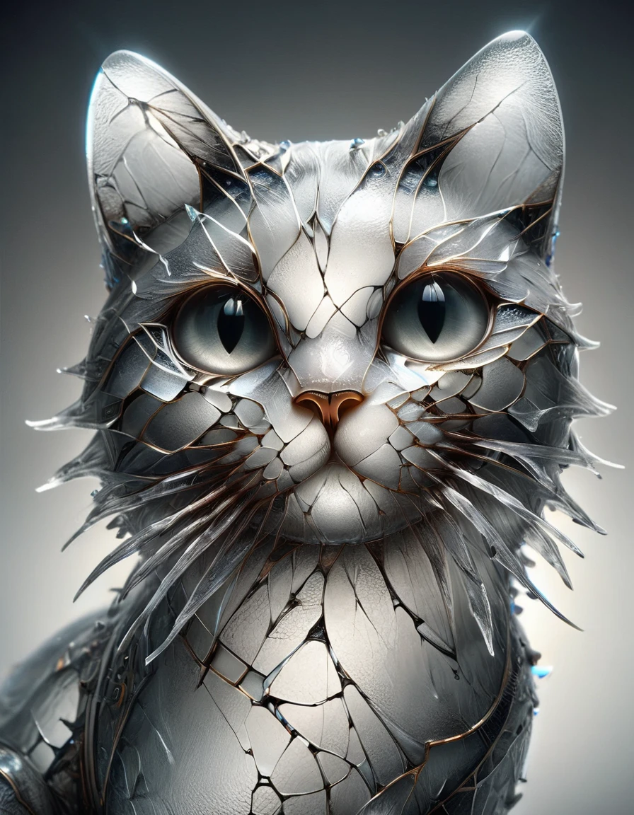 1 only use metal to make cute cats,cyborg,(intricate details),hdr,(intricate details, hyperdetailed:1.2),cinematic shot,((Masterpiece, high quality, best quality, official art, beauty and aesthetics,detailed face,detailed eyes)), made of ral-milkyglass <lora:ral-milkyglass-sdxl:1>
