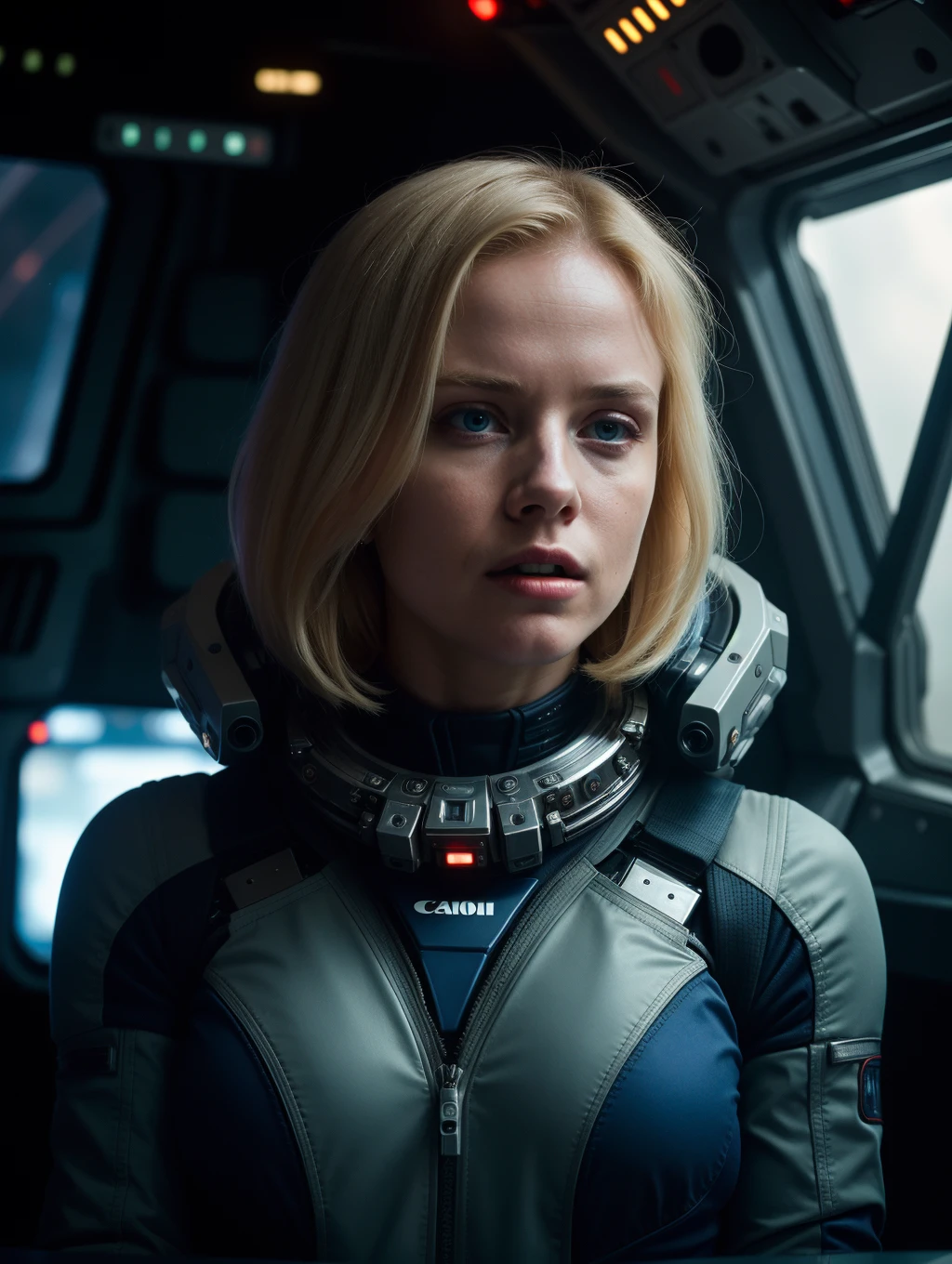 Michael Bay movie (dramatic scene:1.2),Cinematic photo, a cute girl, 22 years old, blonde hair, (wearing high tech space suite), SciFi scene, pale skin, Porta 160 color, shot on ARRI ALEXA 65, bokeh, sharp focus on subject, highest details, photorealistic, high background details, foggy spaceship interior, high sci-fi cockpit details, action atmosphere, godrays, 8k, raytracing, ((detailed dramatic background)), ,(Ultra quality), (highest quality), (canon eos), f1.8, (8K UHD), (ultra-detailed),, (photography:1.2), (highres:0.3)