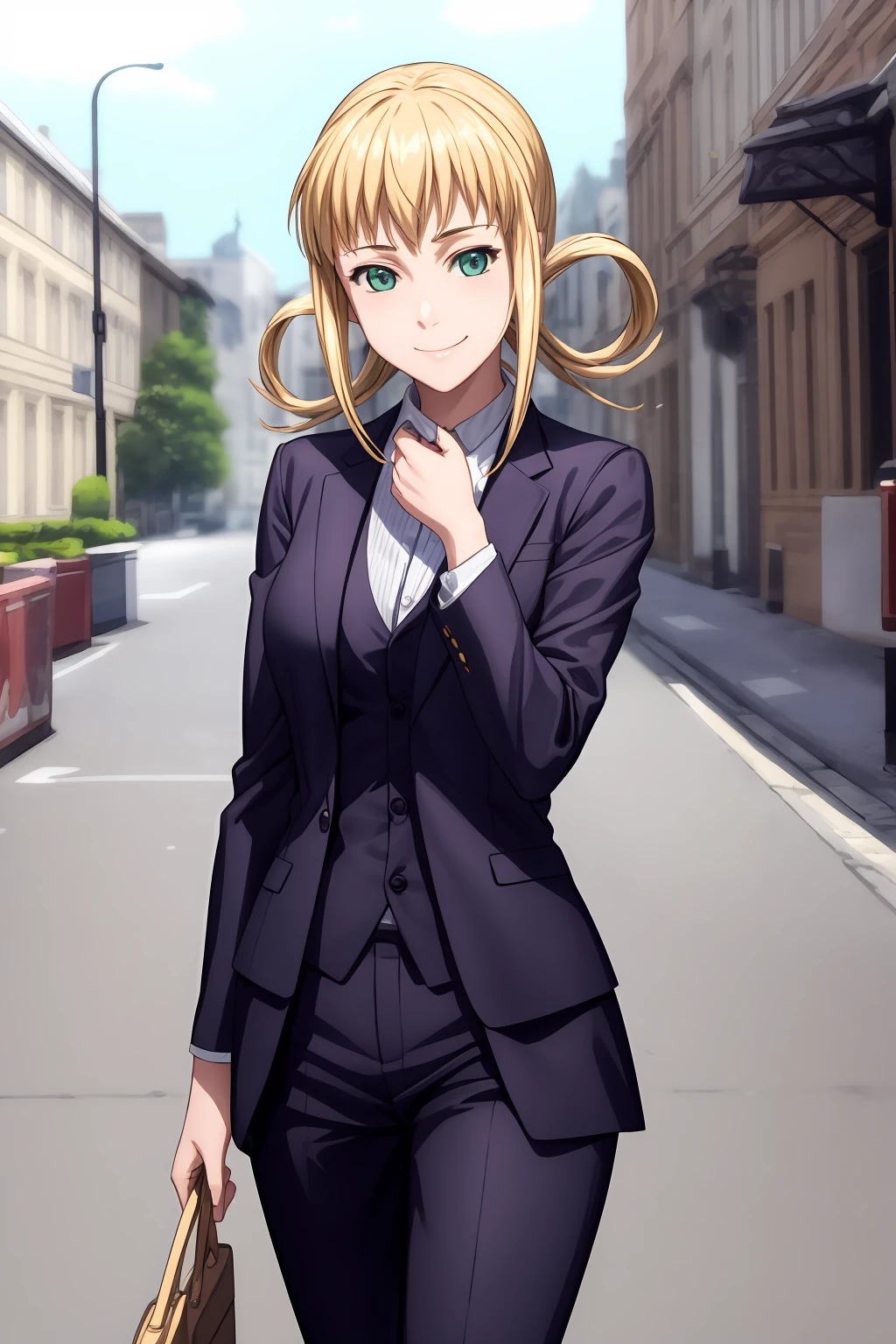 hires, best quality, masterpiece, 1girl, solo, blonde hair, sidelocks, hair rings, look at viewer, smile face, silvia_alisia, poses, formal dress, suit dress, outdoor
