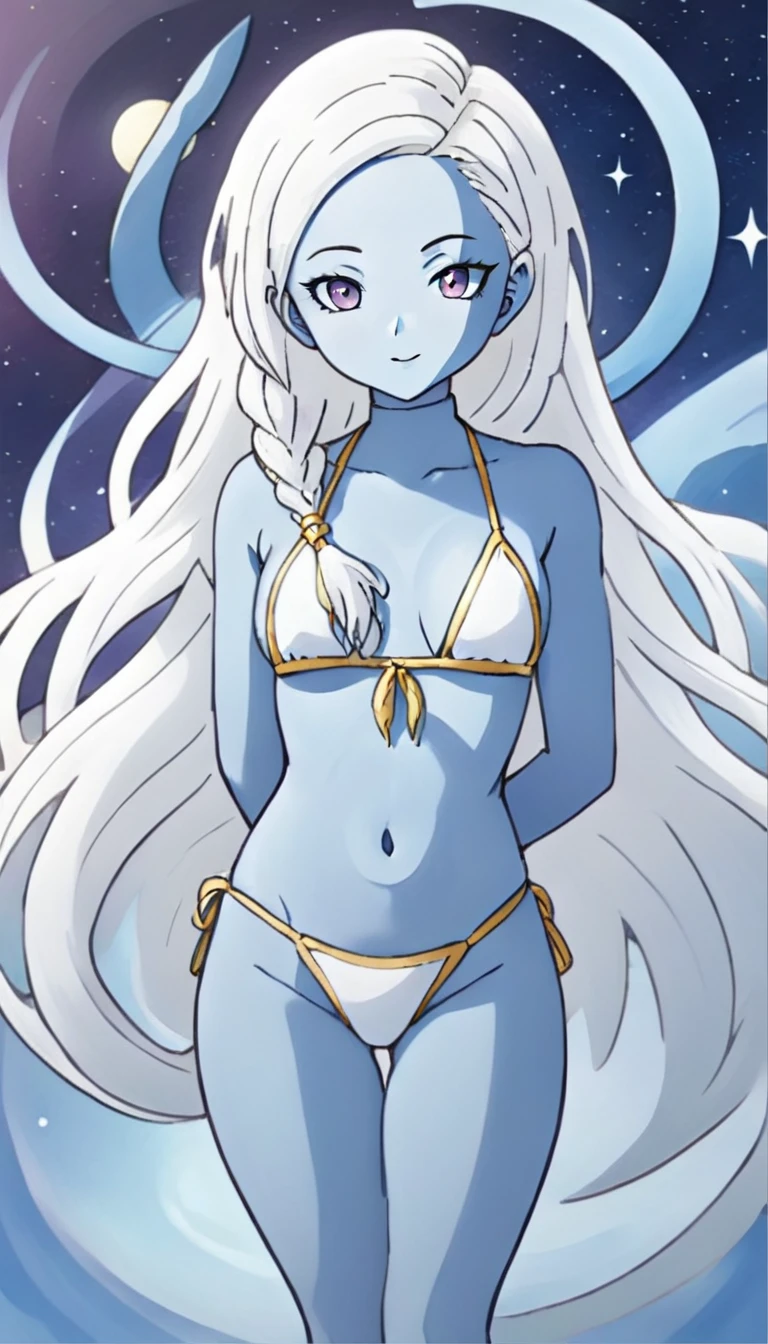 ethereal fantasy concept art of <lora:KsuKsuDBXL:1>ksuksudb, long hair, space background, bikini <lora:Haute_CoutureXL:1>dtstyle, white hair, blue skin . magnificent, celestial, ethereal, painterly, epic, majestic, magical, fantasy art, cover art, dreamy