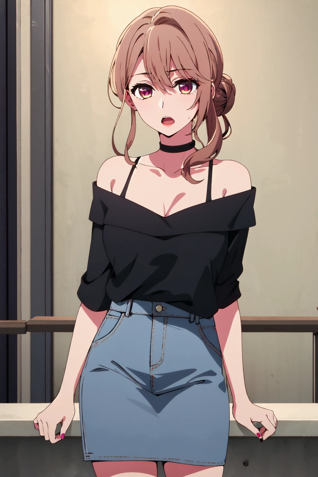 <lora:anime_screencap_v2:0.3> tall body, tall, long legs, mature female, mature, adult, <lora:GoodHands-beta2:1.4>,
<lora:eft_oshi_step:0.8> eft_oshi_step, 1girl, solo, looking at viewer, crossed arms, indoors, upper body, collarbone, shirt, brown hair, black shirt, hair bun, hair between eyes, open mouth, purple eyes, bangs, single hair bun, off shoulder, breasts, nail polish, medium breasts, bare shoulders, sidelocks, blonde hair, multicolored eyes