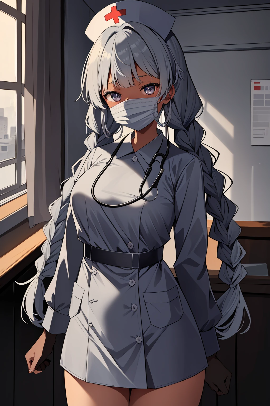 ((masterpiece, best quality, high quality)),1girl,<lora:infirmary_v0.1:0.5> (infirmary),  <lora:Fumiko Kubo:0.7> (1girl, 3dcg 04, bangs, blunt bangs, dark skin, dark-skinned female, fumiko kubo, grey eyes, grey hair, medium breasts, side braids, sidelocks, solo, twin braids, very long hair), <lora:0- CL - Long nurse uniform (mg):0.7> (longnurset2, gloves, mask, nurse cap, nurse, surgical mask, long sleeves, stethoscope),