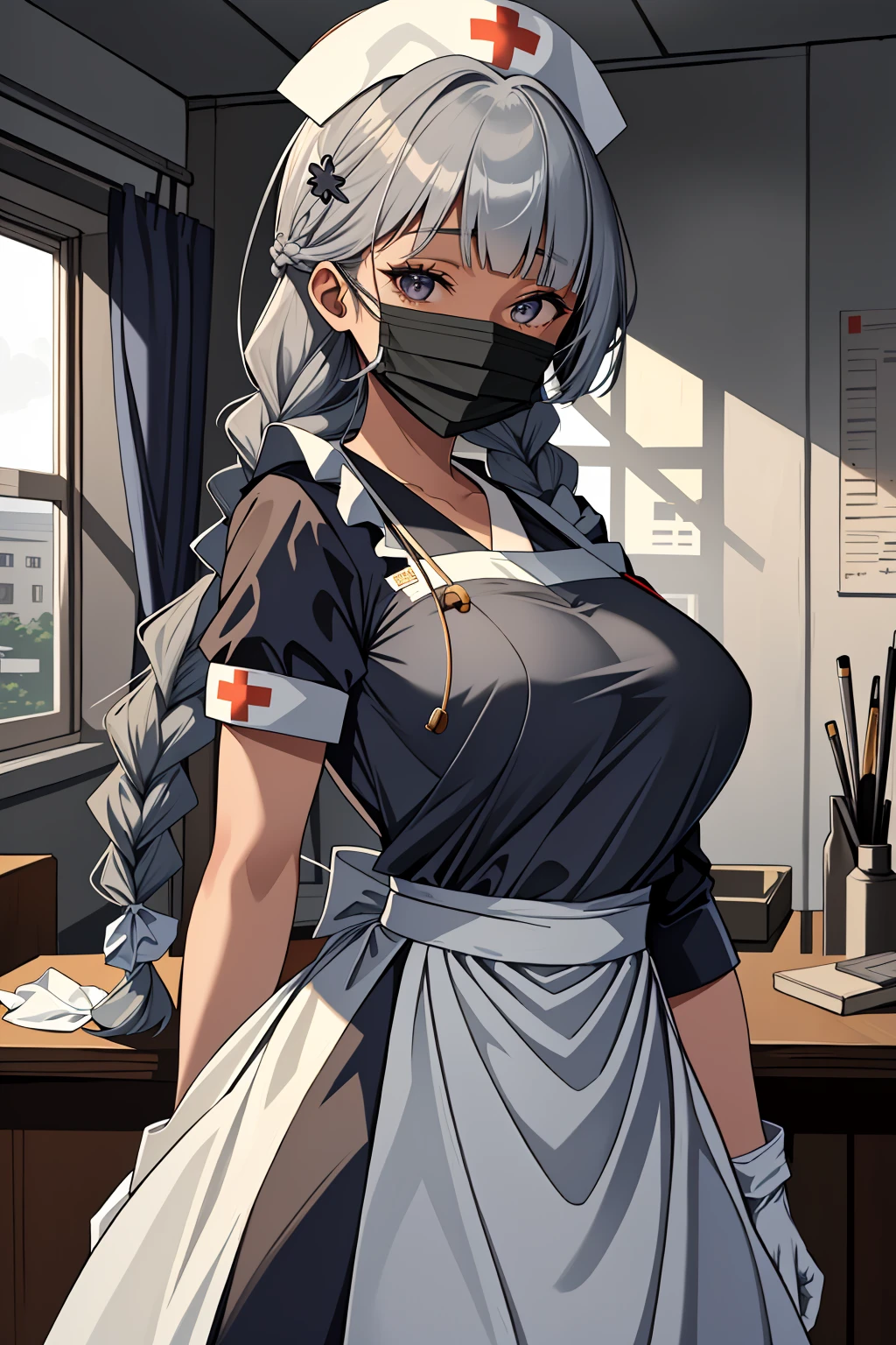 ((masterpiece, best quality, high quality)),1girl,<lora:infirmary_v0.1:0.5> (infirmary),  <lora:Fumiko Kubo:0.7> (1girl, 3dcg 04, bangs, blunt bangs, dark skin, dark-skinned female, fumiko kubo, grey eyes, grey hair, medium breasts, side braids, sidelocks, solo, twin braids, very long hair), <lora:0- CL - Long Apron Nurse Frilled v2:0.6> (nurse_long_apron, apron, mask, nurse cap, surgical mask, nurse, long sleeves, latex gloves),