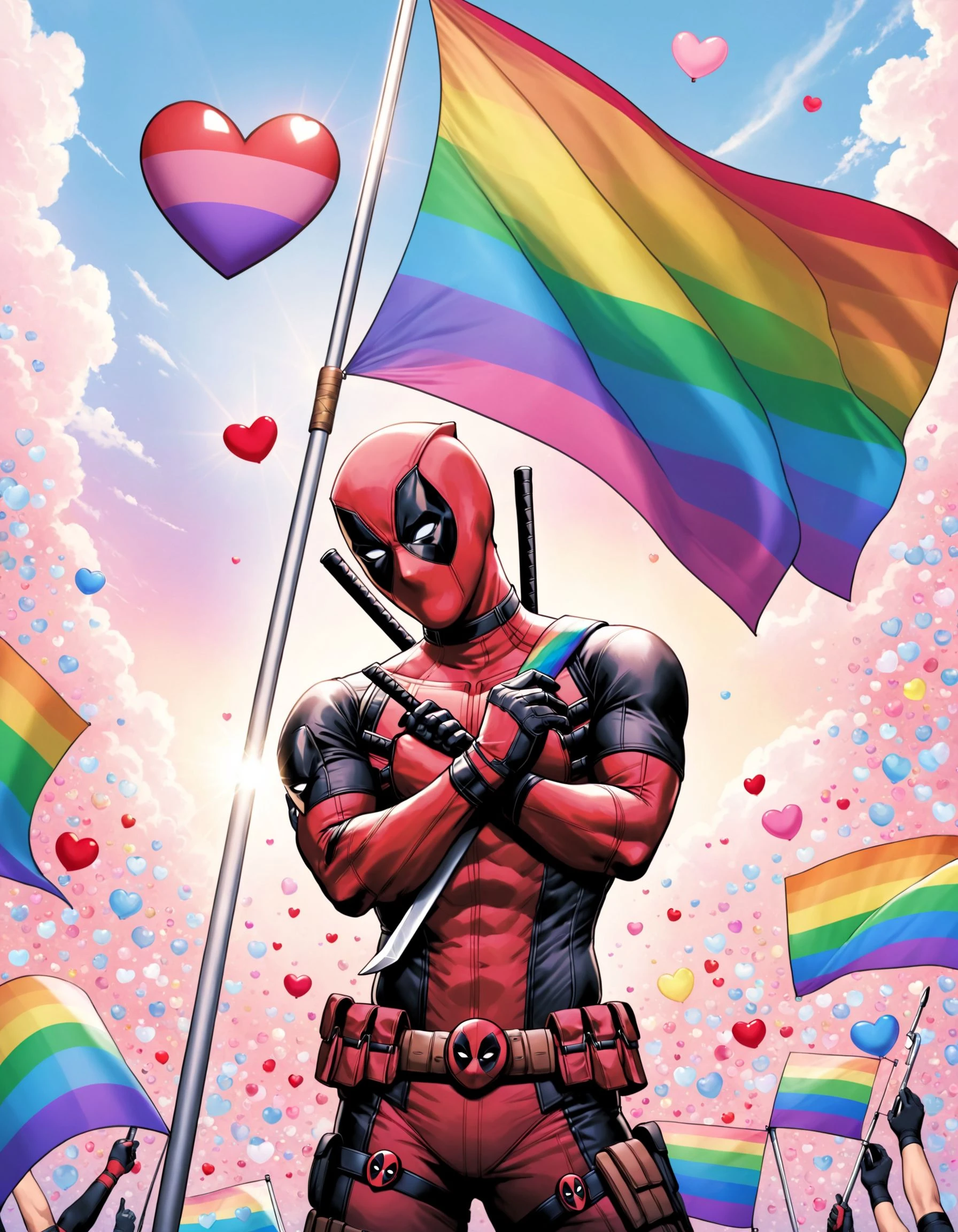 Pride Comics Style, Deadpool, solo, shirt, gloves, 1boy, upper body, weapon, male focus, heart, sword, english text, mask, t-shirt, heart hands, flag, holding flag, pastel colors, transgender flag, pride flag, rainbow colors, traditional media, cinematic angle, cinematic lighting, foreshortening, depth of field, detailed background, masterpiece, best quality , official art , <lora:PrideComicsSDXLTEST:0.8>