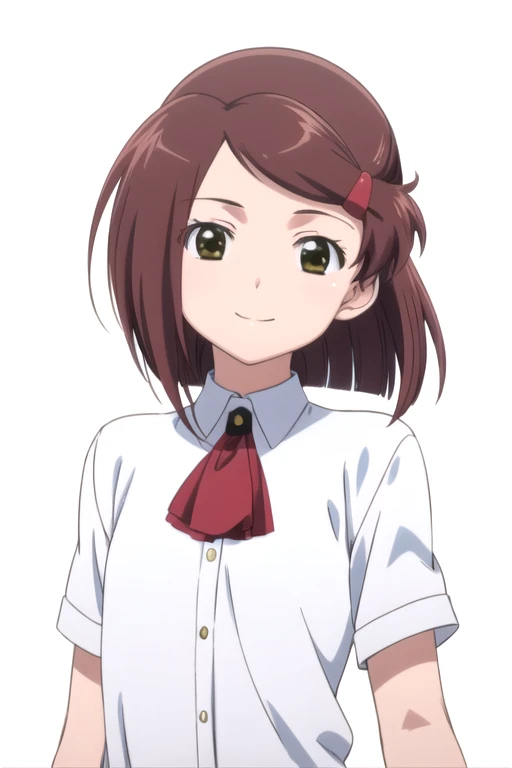 solo, 1girl, looking at viewer, flat colors, 2D, anime, anime coloring, upper body, (solid white background:1.3), <lora:ako-kissxsis:0.8>, ako suminoe, ascot, school uniform, smile, looking at viewer