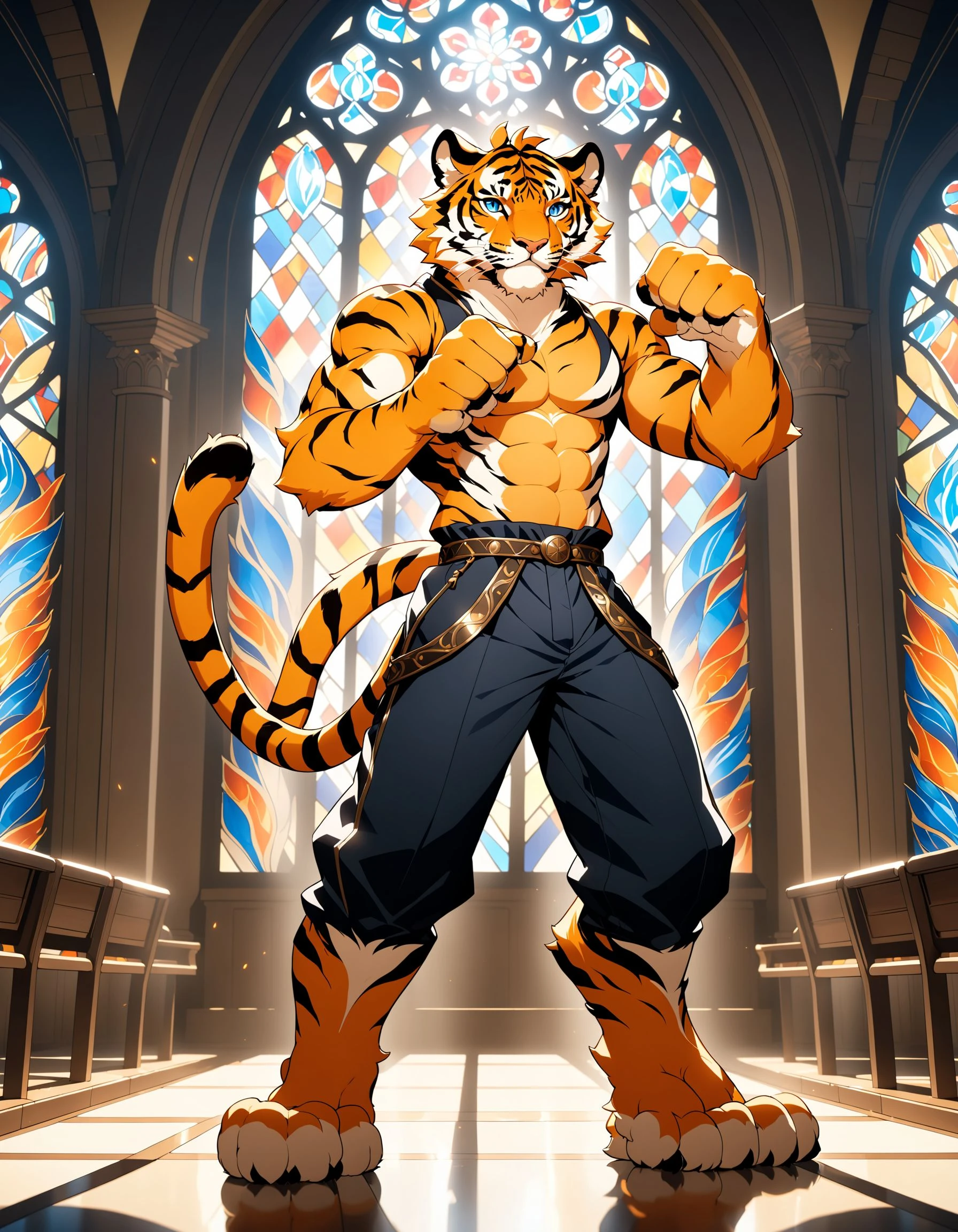 furrydskstyle, solo, looking at viewer, blue eyes, 1boy, animal ears, closed mouth, standing, tail, male focus, pants, indoors, window, fire, slit pupils, clenched hand, furry, fighting stance, furry male, tiger ears, body fur, tiger tail, stained glass, church, tiger boy, orange fur, cinematic angle, cinematic lighting, foreshortening, depth of field, detailed background, masterpiece, best quality , official art , <lora:furry_SDXL:0.8>