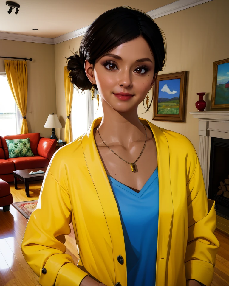 riomorales,brown eyes,black hair,hair bun,
necklace,yellow jacket,white shirt,
standing,
smile,
living room,
(insanely detailed, masterpiece, best quality),solo,<lora:riomorales:0.8>,