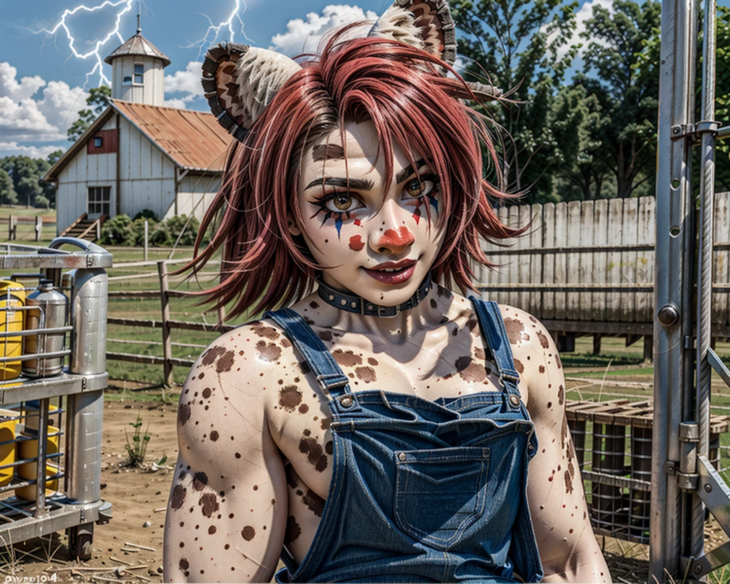 (not_furry:1.3), (human_focus:1.2), female, bimbofication, (girly:0.9), animal_ears, small_breasts, (black((latex:1.4)|(overalls:1.1):1.2):1.1), (colorful:1.1), cosplay, (bovine_humanoid:1.2), farm, outside, (white_skin:1.3), multicolored_hair, (clown_makeup:1.1), lightning, (fantasy:1.3), (medieval:1.2), (magic:_the_gathering:1), (official_art:1.3), (digital_painting_\(artwork\):1.1), <lora:clowncore:0.5>