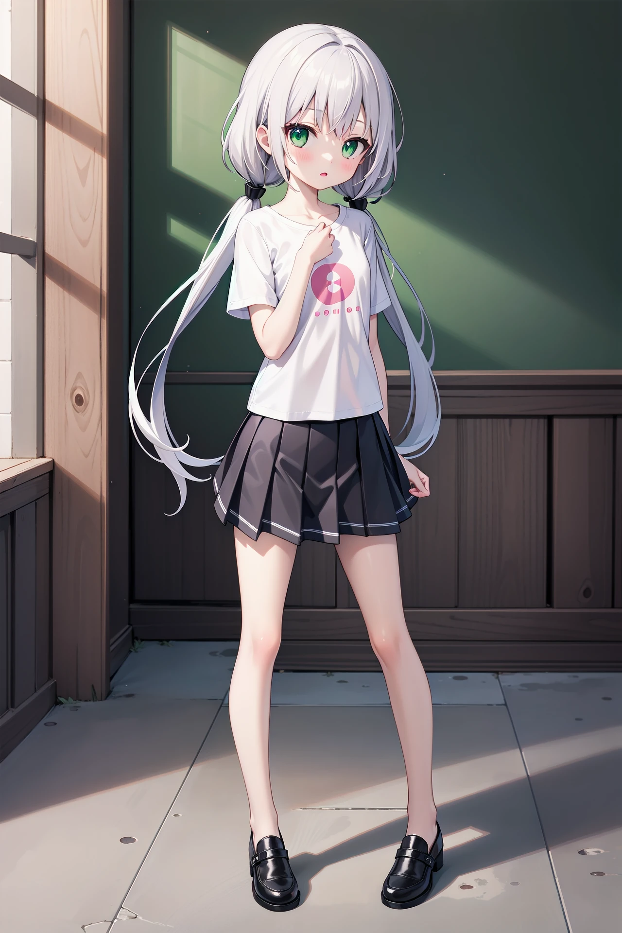 (((masterpiece))), best quality, illustration, (******* girl), 1girl with white long hair, beautiful detailed green eyes, white long straight hair, ((low twintails)), ((cute)), (petite), slim, solo, solo focus, shirt, skirt, full body, <lora:LowTwintailsHelper:0.7>