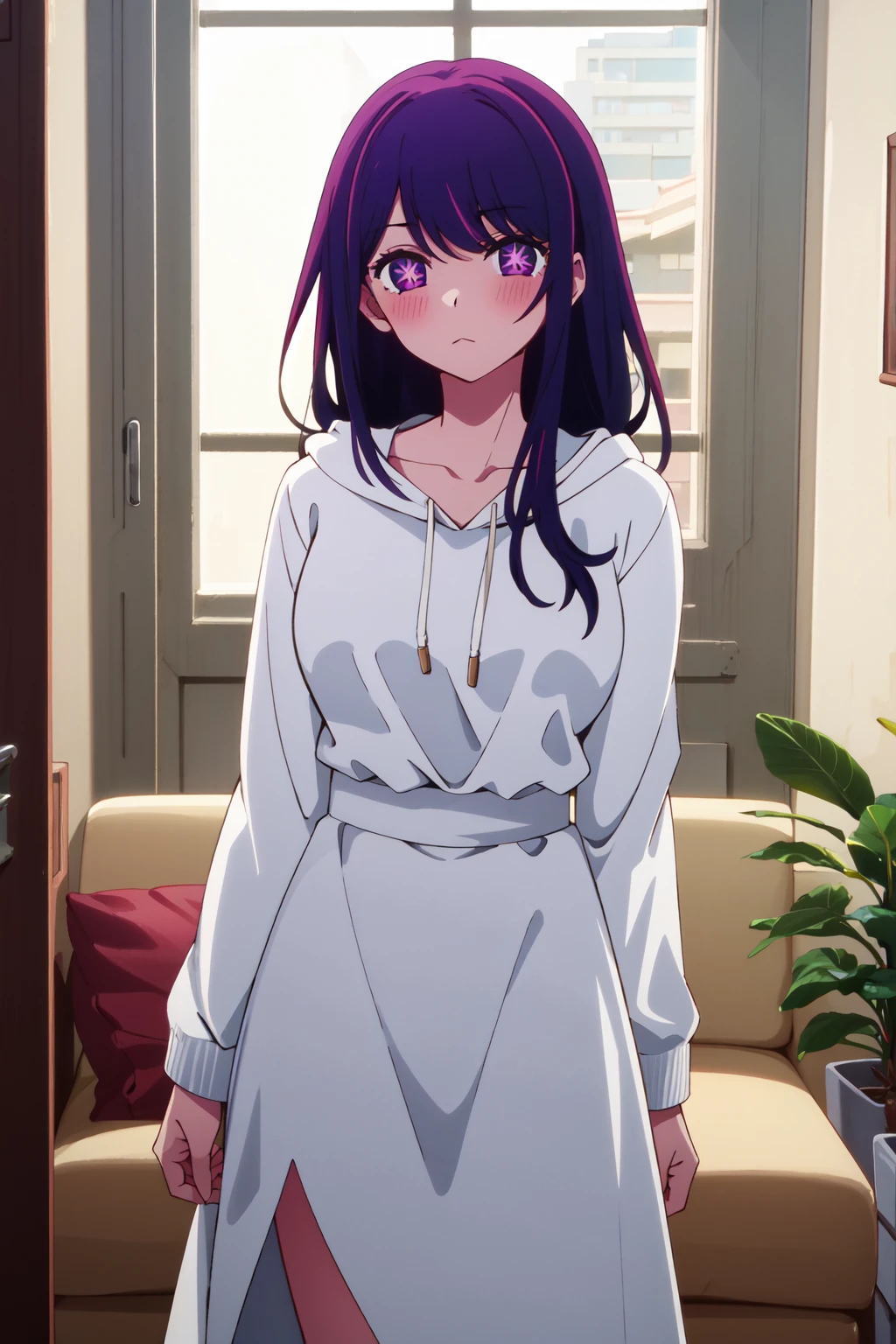 <lora:anime_screencap_v2:0.3> tall body, tall, long legs, mature female, mature, adult, <lora:GoodHands-beta2:1.4>,
 <lora:eft_oshi_ai:0.8> eft_oshi_ai, long hair, purple eyes, 2girls, purple hair, multiple girls, raiden shogun, couch, blonde hair, long sleeves, holding, bangs, indoors, dress, looking at viewer, +_+, white dress, sidelocks, collarbone, hood, symbol-shaped pupils, sparkling eyes, closed eyes, closed mouth, blush, window, hoodie